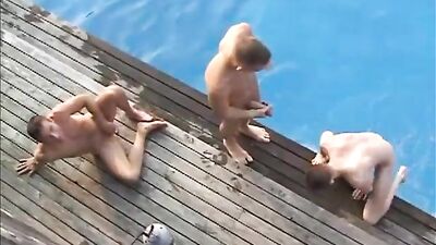 Dudes DP on the Pool Deck - Gay Porn Bareback Oral Public Outdoor