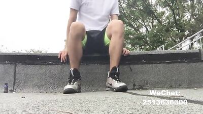 Outdoor Jock Cumshots: Slender Lean Body Solo Wank Session