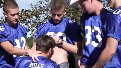 Gay Porn Footballers in the Woods: Action Bareback Group Sex!