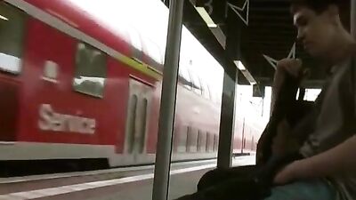 Horny boy at the station and in the train