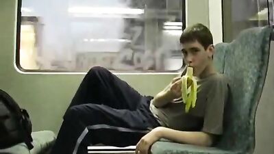 Horny boy at the station and in the train