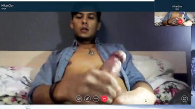 Hot tanned twink cums in private Skype show
