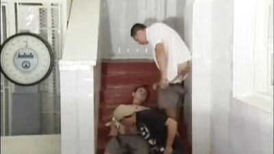 Bareback Threesome Sex on The Stairs - Action Cum Shots!