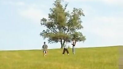 Three Boys Bareback on Meadow: Wild Group Sex