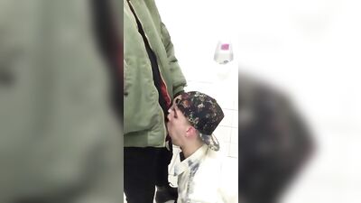 White Boy Sucking Big Black Dick in Public Restroom