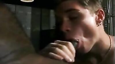 Young white boy gets double cream from two chocolate dicks!
