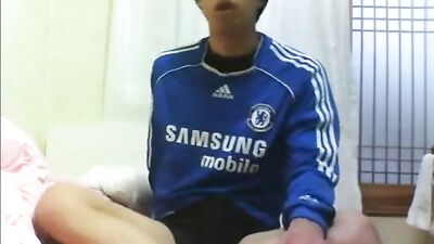 Boys porn wank in blue Soccer Pants