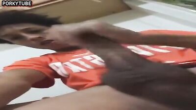 Handsome slim black teen wanks