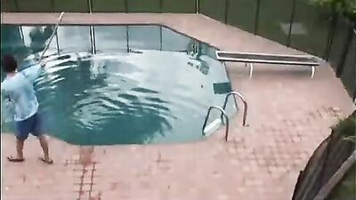 Two guys seduced again! Bareback action pool boy