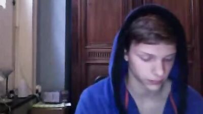 Young and Beautiful Boy in Blue Bathrobe Cums Hard!