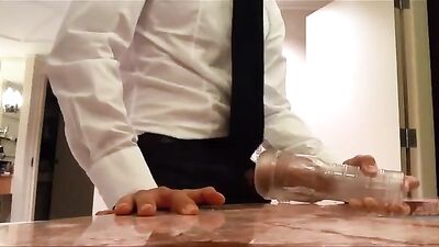 Business guy fills fleshlight with cum