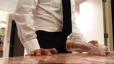 Business guy fills fleshlight with cum