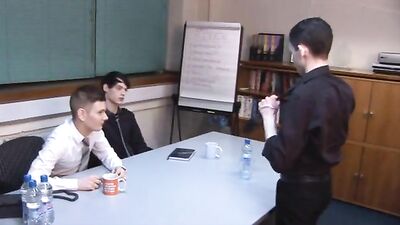 Office Bareback Gangbang with Three Handsome Lads!