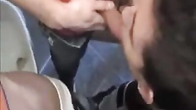 Public Bareback Threesome: Mutual Cumshots in the Stall