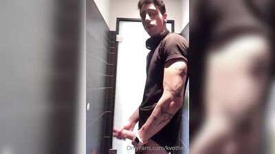 Jerking Off Muscular Hunk in Public Bathroom! Cum Shots and Selfie Fun with Big Cocks.