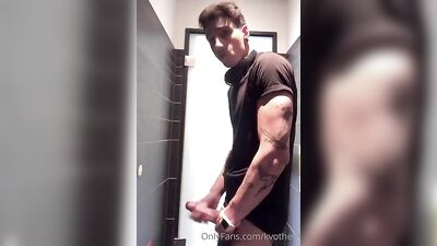 Jerking Off Muscular Hunk in Public Bathroom! Cum Shots and Selfie Fun with Big Cocks.