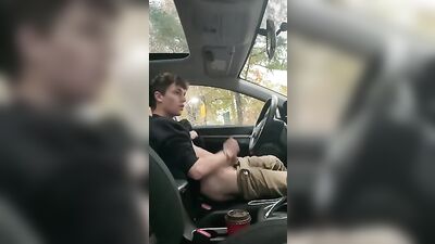 Twink Cum Show in His Car: Rainy Day Outdoor Adventure