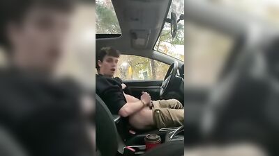 Twink Cum Show in His Car: Rainy Day Outdoor Adventure