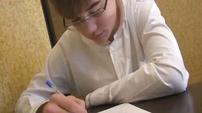 Gay Porn Student Cumshot: Literally on the Book!