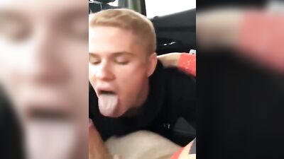Blond Twink Services Big Cock in Public Car Seat