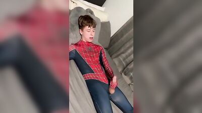Gay Spiderman Cumming Web-Cam Solo Sex!