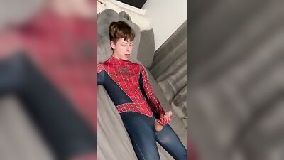 Gay Spiderman Cumming Web-Cam Solo Sex!