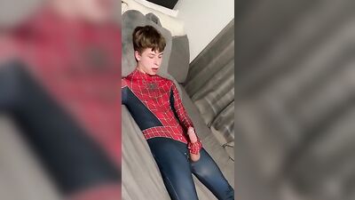 Gay Spiderman Cumming Web-Cam Solo Sex!