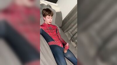 Gay Spiderman Cumming Web-Cam Solo Sex!