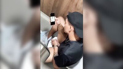 Spied on in the cubicle: Tattooed lads bisexual solo wanking adventure!