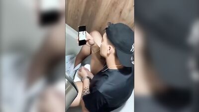 Spied on in the cubicle: Tattooed lads bisexual solo wanking adventure!