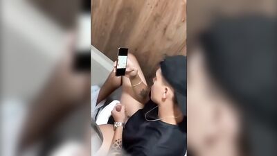 Spied on in the cubicle: Tattooed lads bisexual solo wanking adventure!