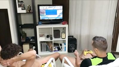 Big Cocks Interrupted by Visitor - Gay Porn Video with Horny Gamers and Twink Boys!