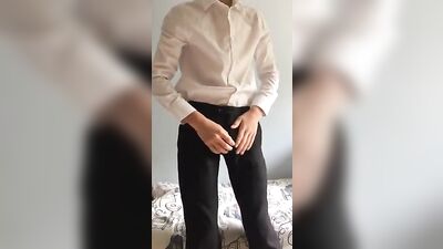 Hot English lad gets kinky with panties on under his trousers in the end!