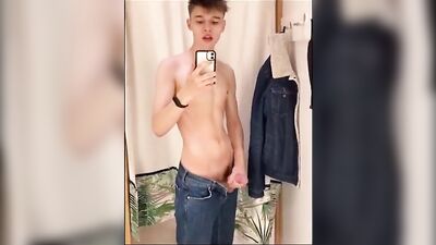 Blonde Risky Wankers Solo Cumshot in Mall Boys Porn Fitting Room!