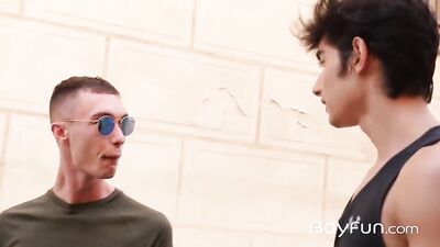 Gay Porn Frenzy: Threesome Cumshots in Public