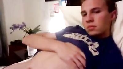 Gay College Boy Porn: Stroking His Hard Dick in Bed!