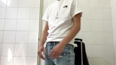Jerking off before takeoff: Airport Bathroom Boys in Gay Porn!