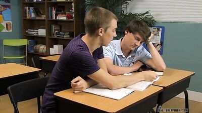 Classroom Biology Lessons Revisited - A group of twinks fucking each other in the science classroom while their teacher watches in delight!
