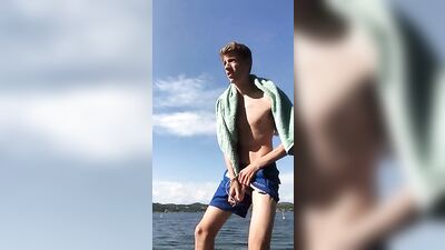 Blond Twink Jerks Big Uncut Cock By The Lake and Cums porn