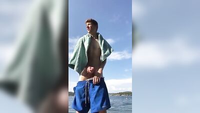 Blond Twink Jerks Big Uncut Cock By The Lake and Cums porn