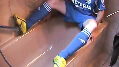Guy in Adidas Soccer Kit Blue with White Stripes (Piss) - The Ultimate Football Fan Fantasy