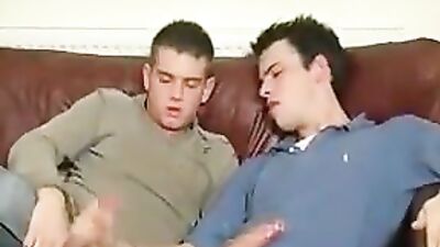 Two Handsome Cousins Get Handjob Action in the Living Room!