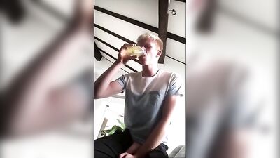 Blonde Twink Pisses in Glass - Drinks and Swallows his Own Urine!