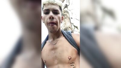 Young Cutie Shoots in His Own Mouth Outdoors - Amateur Public Handjob Fetish Solo Voyeur