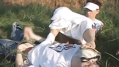 4 hot skater boys kiss, suck, jerk off, mouthfuck, & cum on each other in a field