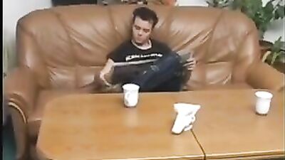 Gay Porn Twinks Fucking on Brown Leather Sofa