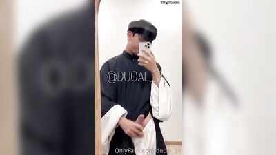 Gay Asian Boy Jerks Off in Traditional Clothes: Vietnamese Boys Public Indecency in Changing Room