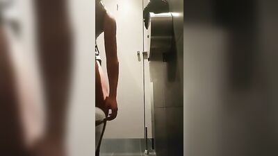 Teen with thick dick wanking in public toilet