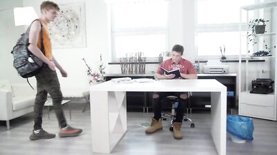 Curly Hair Twink Office Desk Adventure - What Lads Do in the Office Boys Porn