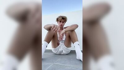 Blonde Muscle Boy Shows Off His Cock Outside!